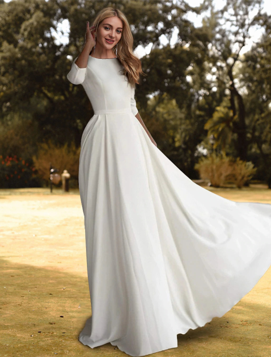 Buyishang Hall Casual Wedding Dresses A-Line Scoop Neck 3/4 Length Sleeve Sweep / Brush Train Stretch Fabric Bridal Gowns With Pleats Solid Color